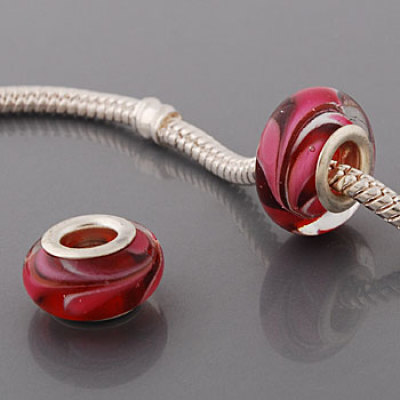 Free Shipping! Silver plated core glass bead PGB548, red bead with pink hearts, size in 8*14mm, 20pcs per pack