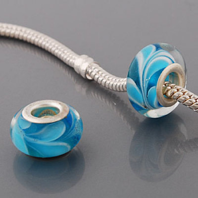 Free Shipping! Silver plated core glass bead PGB547, cyan bead with light blue hearts, size in 9*14mm, 20pcs per pack