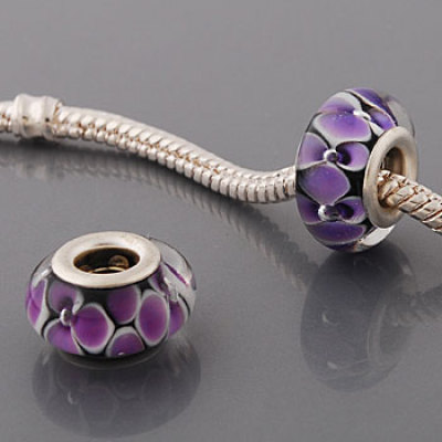 Free Shipping! Silver plated core glass bead PGB546, black bead with purple flowers, size in 9*14mm, 20pcs per pack