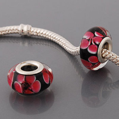 Free Shipping! Silver plated core glass bead PGB545, black bead with pink flowers, size in 9*14mm, 20pcs per pack