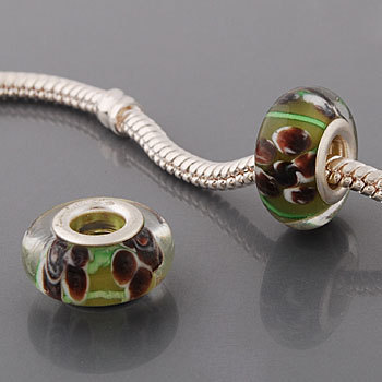 Free Shipping! Silver plated core glass bead PGB538, tan bead with brown flowers, size in 9*14mm, 20pcs per pack