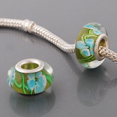 Free Shipping! Silver plated core glass bead PGB536, tan bead with light blue flowers, size in 9*14mm, 20pcs per pack