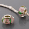 Free Shipping! Silver plated core glass bead PGB535, tan bead with pink flowers, size in 9*14mm, 20pcs per pack