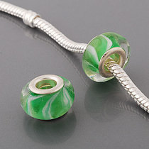 Free Shipping! Silver plated core glass bead PGB530, green bead with white lines in 9*14mm, 20pcs per pack