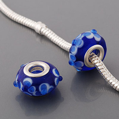 Free Shipping! Silver plated core glass bead PGB529, blue bead with sky blue flowers and glass balls raised, 20pcs per pack