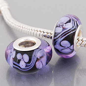 Free Shipping! Silver plated core black glass bead PGB582 with white flowers, size in 9*14mm, 20pcs per pack