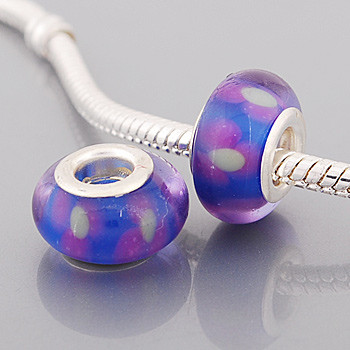 Free Shipping! Silver plated core blue glass bead PGB581 with white flowers, size in 9*14mm, 20pcs per pack