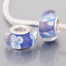 Free Shipping! Silver plated core indigo glass bead PGB580 with white flowers, size in 9*14mm, 20pcs per pack
