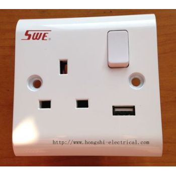 13A 250V 1 gang switched socket with 1 USB(1A) DP