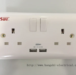 13A 250V 2 gang switched socket with 1 USB(2.1A) DP