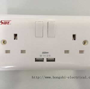 13A 250V 2 gang switched socket with 1 USB(2.1A) DP