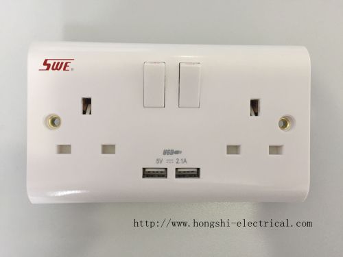 13A 250V 2 gang switched socket with 1 USB(2.1A) DP