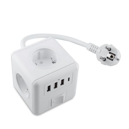 White EU Standard Power Plug Portable Travel Socket with 3 EU Outlets+USB(3 type-A +1 type-C)