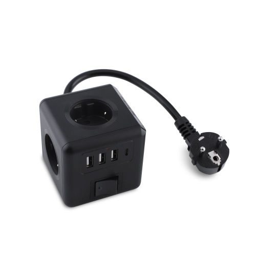 Black EU Standard Power Plug Portable Travel Socket with USB(3 type-A +1 type-C)