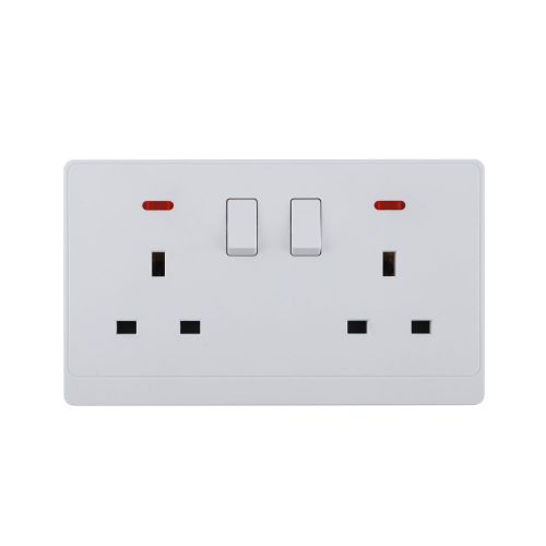 UK/British Standard 2 Gang Single Pole Switched Socket with LED 13A 250V~(PC Panel, 4 Colors)