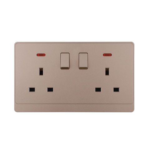 UK/British Standard 2 Gang Single Pole Switched Socket with LED 13A 250V~(PC Panel, 4 Colors)