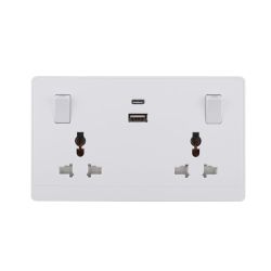 2 Gang Switched Universal Wall Socket with USB TypeA&C Port Outlets 16A 250V~(PC Panel, 4 Colors)