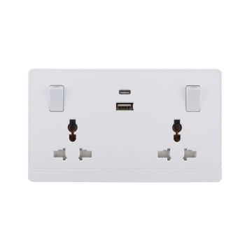 2 Gang Switched Universal Wall Socket with USB TypeA&C Port Outlets 16A 250V~(PC Panel, 4 Colors)