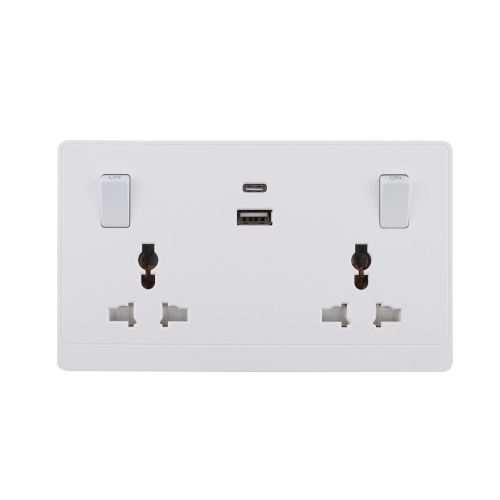 2 Gang Switched Universal Wall Socket with USB TypeA&C Port Outlets 16A 250V~(PC Panel, 4 Colors)