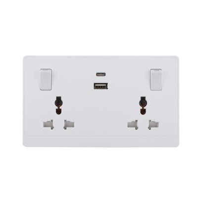 2 Gang Switched Universal Wall Socket with USB TypeA&C Port Outlets 16A 250V~(PC Panel, 4 Colors)