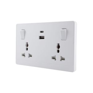 2 Gang Switched Universal Wall Socket with USB TypeA&C Port Outlets 16A 250V~(PC Panel, 4 Colors)
