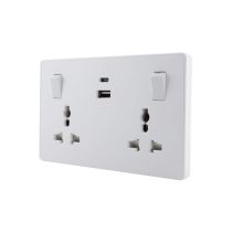 2 Gang Switched Universal Wall Socket with USB TypeA&C Port Outlets 16A 250V~(PC Panel, 4 Colors)