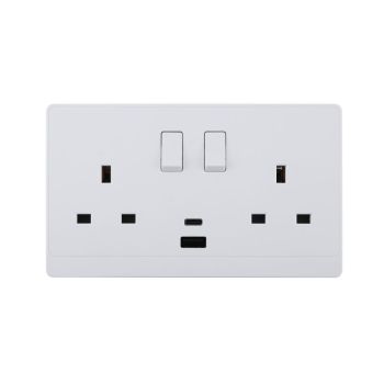 UK/British Standard 2 Gang Switched DP Socket with USB Type A&C Outlets 13A 250V~(PC Panel, 4 Colors)