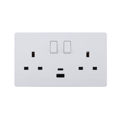 UK/British Standard 2 Gang Switched Socket with USB Type A&C Outlets 13A 250V~(PC Panel, 4 Colors)