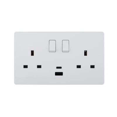 UK/British Standard 2 Gang Switched DP Socket with USB Type A&C Outlets 13A 250V~(PC Panel, 4 Colors)