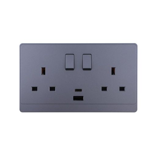 UK/British Standard 2 Gang Switched Socket with USB Type A&C Outlets 13A 250V~(PC Panel, 4 Colors)