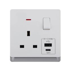 13A 250V~ 1 Gang Single Pole/Double Pole Switched Socket with Neon + Type A&C 2.1A USB (PC Panel, 4 Colors)