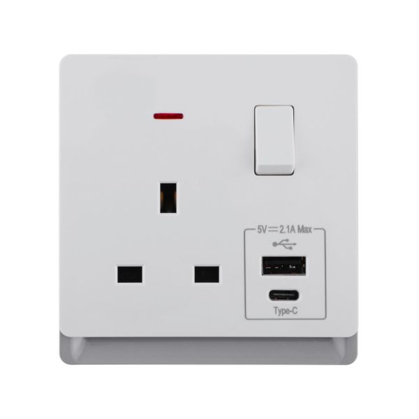 13A 250V~ 1 Gang Single Pole Switched Socket with Neon + Type A&C 2.1A USB (PC Panel, 4 Colors)