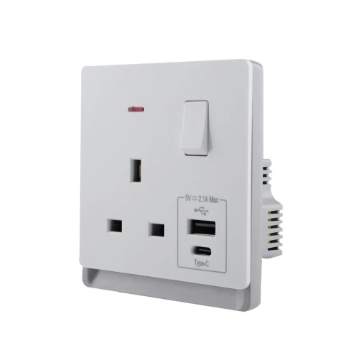 13A 250V~ 1 Gang Single Pole Switched Socket with Neon + Type A&C 2.1A USB (PC Panel, 4 Colors)