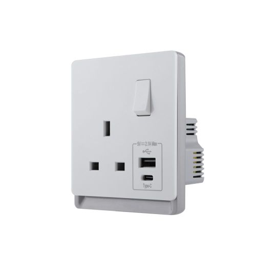 13A 250V~ 1 Gang Single Pole/Double Pole Switched Socket + Type A&C 2.1A USB (PC Panel, 4 Colors)