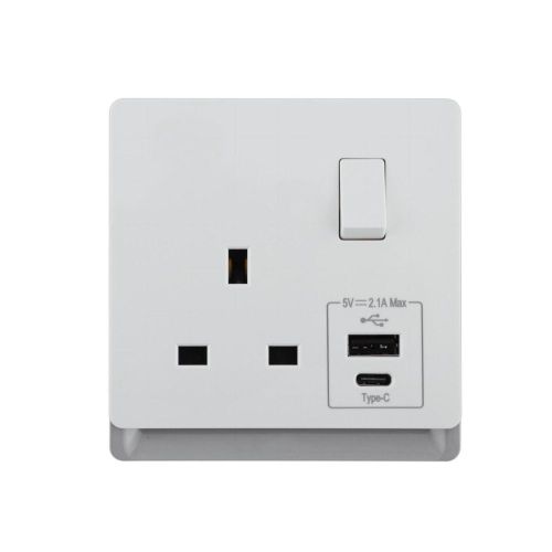 13A 250V~ 1 Gang Single Pole/Double Pole Switched Socket + Type A&C 2.1A USB (PC Panel, 4 Colors)