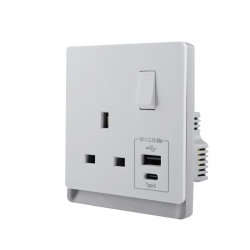 13A 250V~ 1 Gang Single Pole/Double Pole Switched Socket + Type A&C 2.1A USB (PC Panel, 4 Colors)