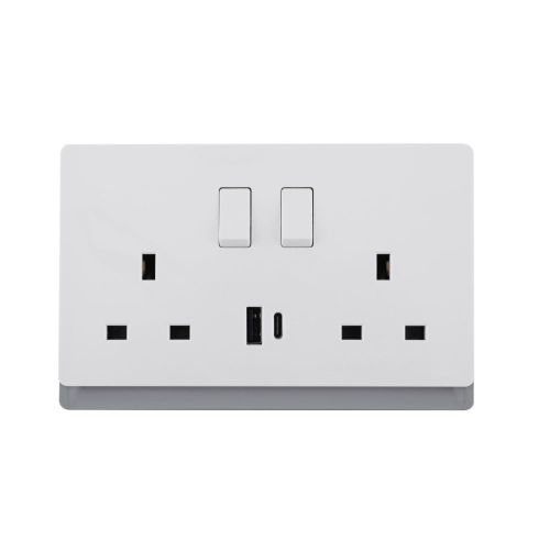 13A 250V~ 2 Gang Single Pole/Double Pole Switched Socket+ Type A&C 2.1A USB (PC Panel, 4 Colors)