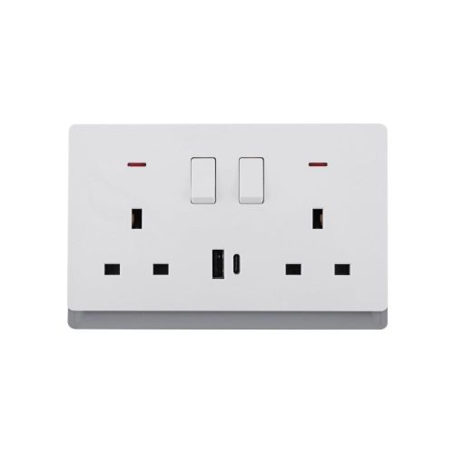 13A 250V~ 2 Gang Single Pole/Double Pole Switched Socket with Neon+ Type A&C 2.1A USB(PC Panel, 4 Colors)