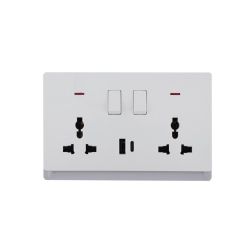 16A 250V~ 2 Gang Universal Switched Socket Electrical Outlet with Neon + Type A&C 2.1A USB (PC Panel, 4 Colors)