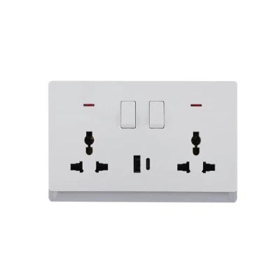 16A 250V~ 2 Gang Universal Switched Socket Electrical Outlet with Neon + Type A&C 2.1A USB (PC Panel, 4 Colors)