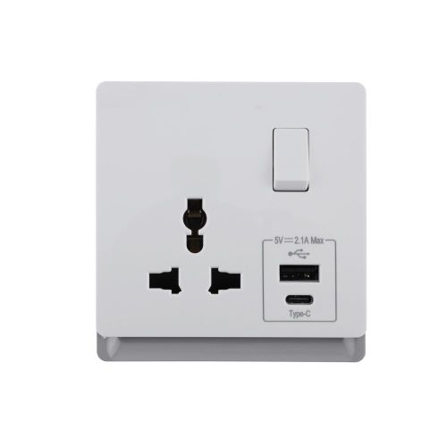 16A 250V~ 1 Gang Universal Switched Socket Electrical Outlet + Type A&C 2.1A USB (PC Panel, 4 Colors)