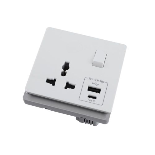 16A 250V~ 1 Gang Universal Switched Socket Electrical Outlet + Type A&C 2.1A USB (PC Panel, 4 Colors)