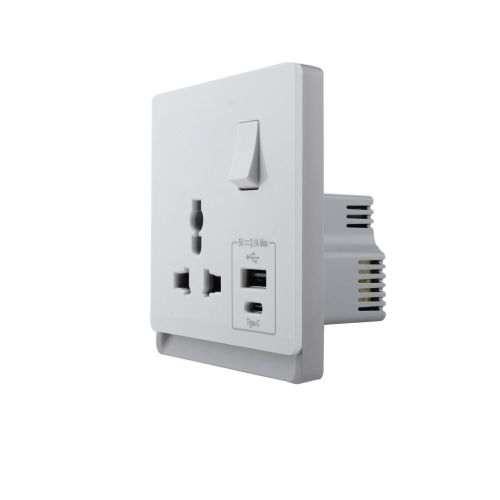 16A 250V~ 1 Gang Universal Switched Socket Electrical Outlet + Type A&C 2.1A USB (PC Panel, 4 Colors)