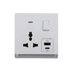 16A 250V~ 1 Gang Universal Switched Socket Electrical Outlet with Neon + Type A&C 2.1A USB (PC Panel, 4 Colors)