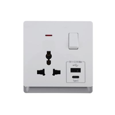 16A 250V~ 1 Gang Universal Switched Socket Electrical Outlet with Neon + Type A&C 2.1A USB (PC Panel, 4 Colors)