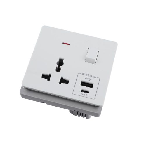 16A 250V~ 1 Gang Universal Switched Socket Electrical Outlet with Neon + Type A&C 2.1A USB (PC Panel, 4 Colors)