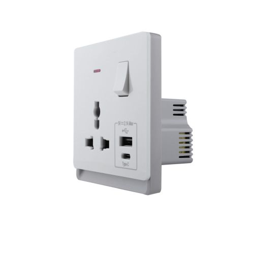 16A 250V~ 1 Gang Universal Switched Socket Electrical Outlet with Neon + Type A&C 2.1A USB (PC Panel, 4 Colors)