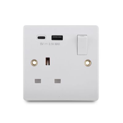 13A 250V 1Gang Single Pole Switched Socket with 5V 3.1A USB-A+C Port 15W Fast Charging