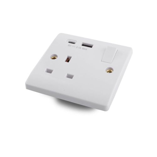 13A 250V 1Gang Single Pole Switched Socket with 5V 3.1A USB-A+C Port 15W Fast Charging