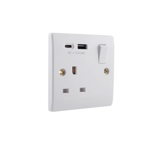 13A 250V 1Gang Single Pole Switched Socket with 5V 3.1A USB-A+C Port 15W Fast Charging